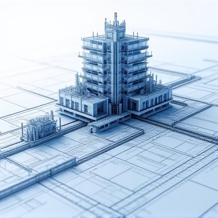 Architectural blueprints of a complex structure, representing the Solution Architecture phase.