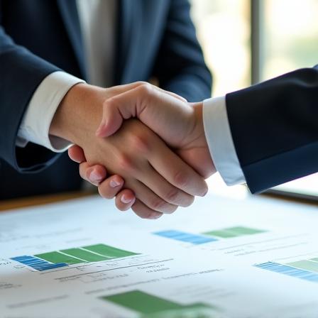 Two hands shaking over a completed project plan, representing the Guided Implementation phase.