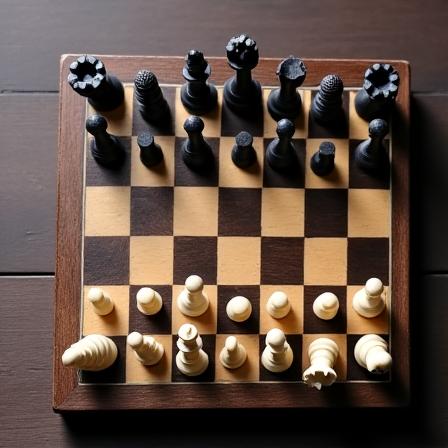 A chess board with pieces moving strategically, representing the Strategic Formulation phase.